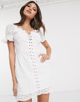Parisian lace up front broderie mini dress in white