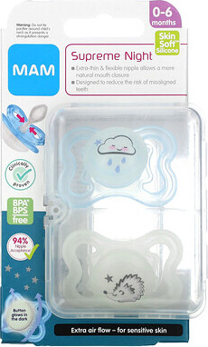 Mam MAM, Supreme Night Pacifier, 0-6 Months, Blue/Clear, 2 Count