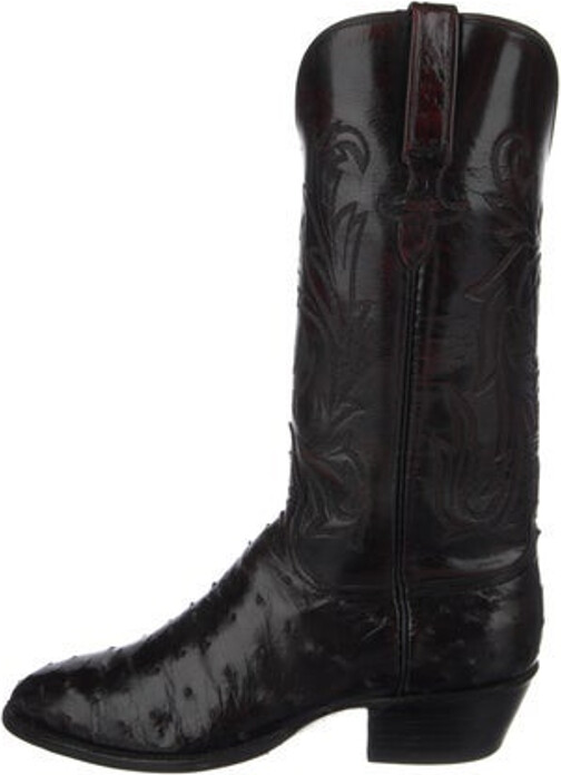 Lucchese Leather Mid-Calf Western Boots Black Patterned Semi-Pointed Toes Includes Shoe Trees Designer
