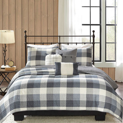 SnugglySolace 6 Piece Herringbone Quilt, Buffalo Plaid Pattern, Embroidery On Decorative Shams And Pillows Design, Handmade