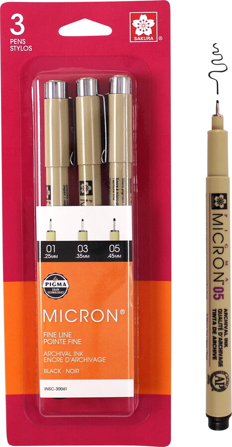 Sakura Pigma Micron Pens – 3 Count, Archival Ink, Fine Point (.25, .35, .45mm)