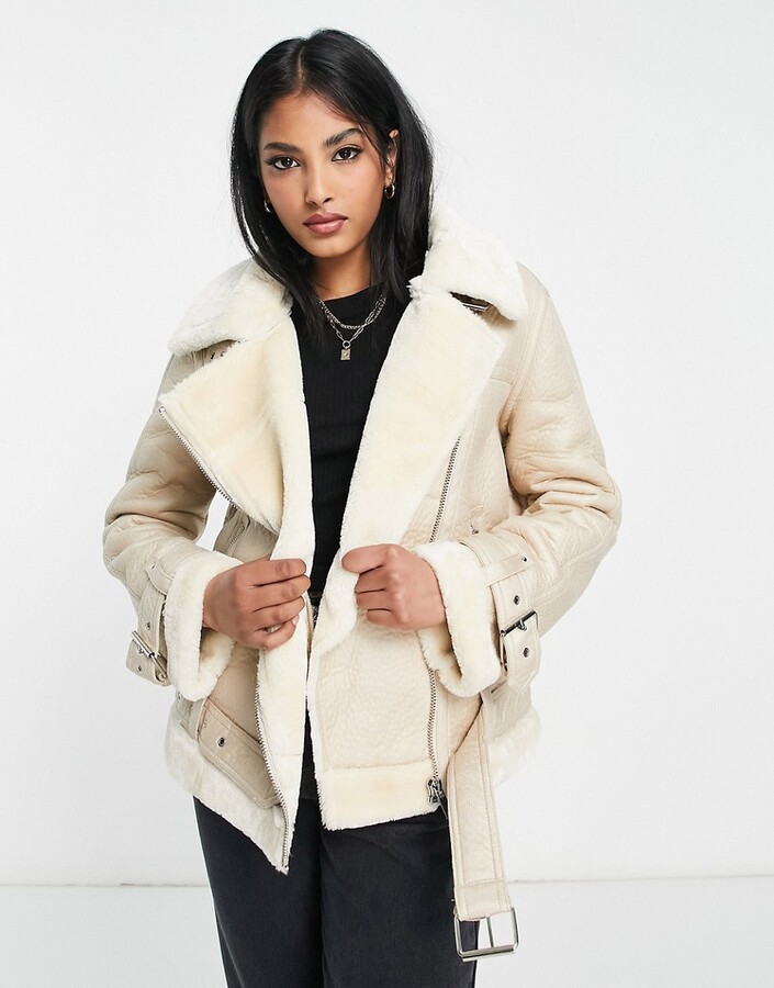 faux leather shearling aviator biker jacket in off white