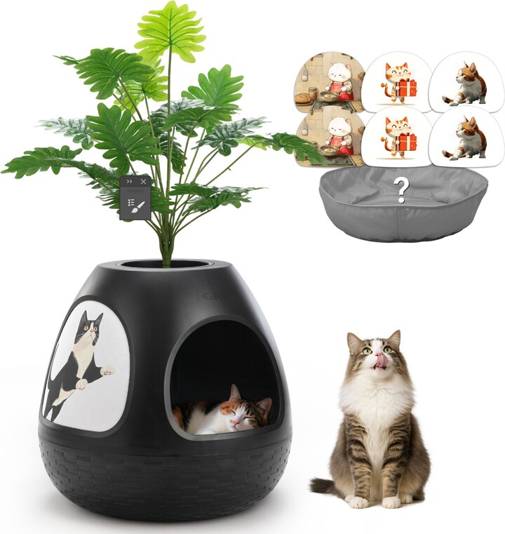 coziwow Copod8 3-in-1 Hidden Cat Cave Condo with Plant & Scratchers, Medium, Black