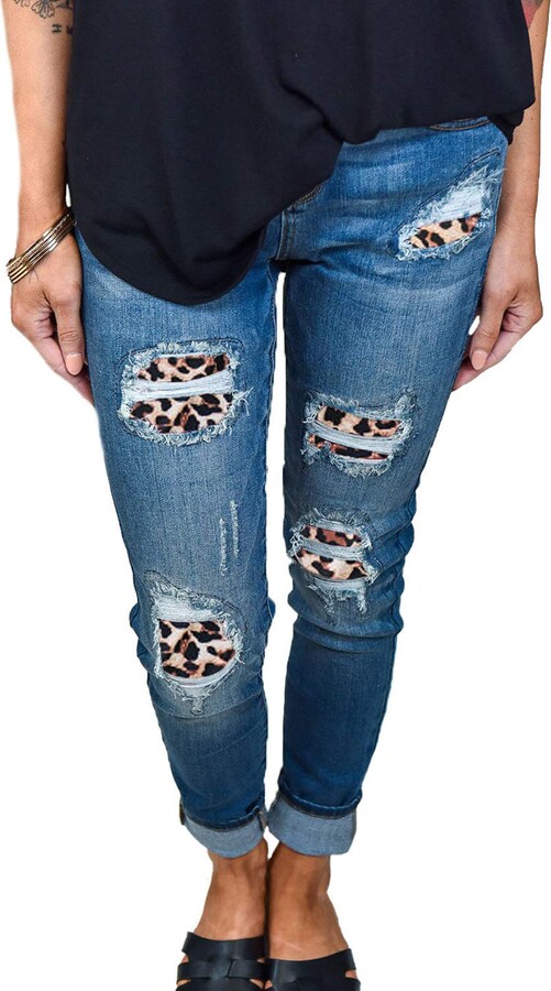 GOSOPIN Girls Elastic Waist Pants Distressed Ripped Mid Rise Denim Jeans 