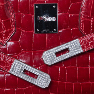 Hermes Rouge Braise Porosus Crocodile 18K White Gold Encrusted Diamond Birkin 35 Bag