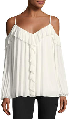 Bailey 44 Fairy Tale Cold-Shoulder Pleated Top w/ Ruffles