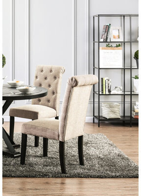 Red Barrel Studio Rustic Dining Chair Of 2, Antique Black/ Gray, Linen-Like Fabric, Solid Wood, Button Back, Stunning Detail 2 Chairs, Gray Upholstery, Wood Frame, Scro