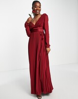 Thumbnail for your product : ASOS DESIGN Bridesmaid pleated long sleeve maxi dress with satin wrap waist in burgundy