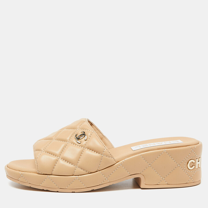 Chanel Beige Leather CC Peep Toe Platform Slingback Sandals Size 41 -  ShopStyle