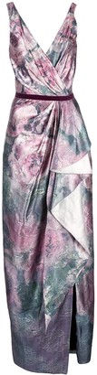 Marchesa Notte Shiny Floral Print Draped Gown