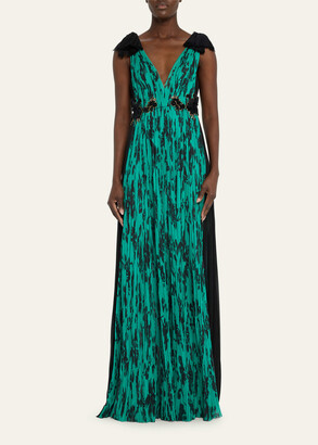 J. Mendel Water Garden Floral Printed Silk Hand Pleated Gown