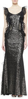 Thumbnail for your product : Badgley Mischka Ruffled Beaded Gown, Black/Gold