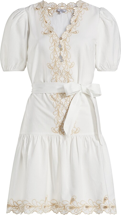 Women's Tulip Embroidered Cotton Tie-Waist Minidress - White - Size XS