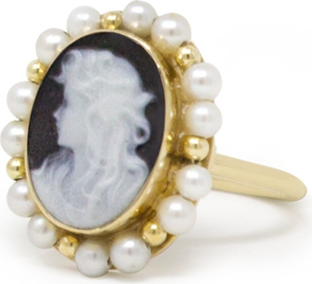 Vintouch Italy Black / Gold Little Lovelies Black Cameo Ring With Pearls
