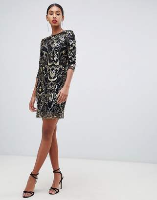 TFNC patterned sequin mini bodycon dress with scallop open back in black
