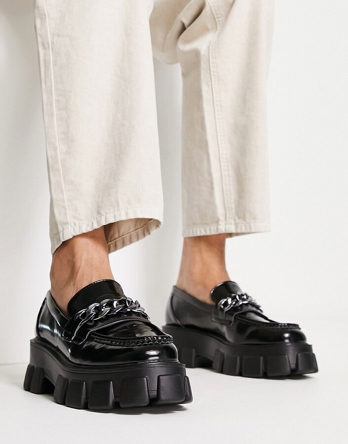 Truffle Collection faux leather chunky chain loafers in black - ShopStyle