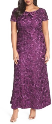 Alex Evenings Plus Size Women's Rosette Lace Short Sleeve A-Line Gown