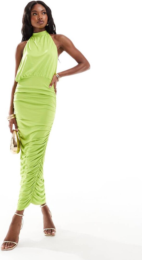 ASOS DESIGN halter neck midi dress with ruched skirt in lime