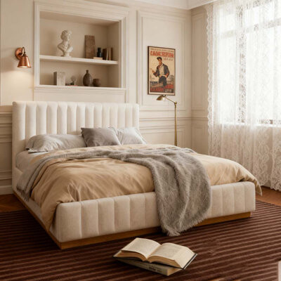 Red Barrel Studio Bed Frame With Linen Upholstered Thick Headboard, Solid Wooden Base