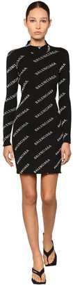 Balenciaga Logo Printed Knit Rib Mini Dress