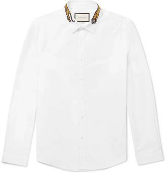 Gucci Slim-Fit Tiger-Appliqued Cotton-Poplin Shirt - Men - White