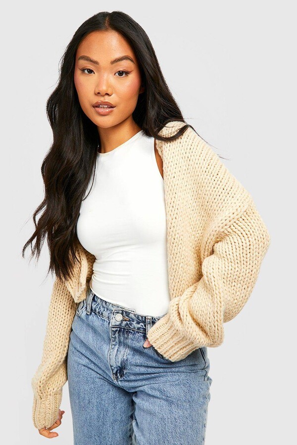 boohoo Petite Premium Chunky Knit Cardigan White ShopStyle