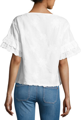 MiH Jeans Fiske Floral-Embroidered Scalloped Top, White