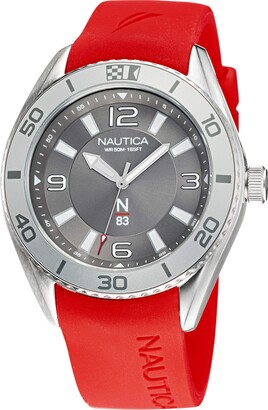 Nautica N83 Men's NAPFWS128 N83 Finn World Silver-Tone/Grey/Red Silicone Strap Watch