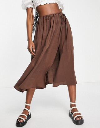 ASOS DESIGN elasticasted waist full midi skirt in brown lyocell