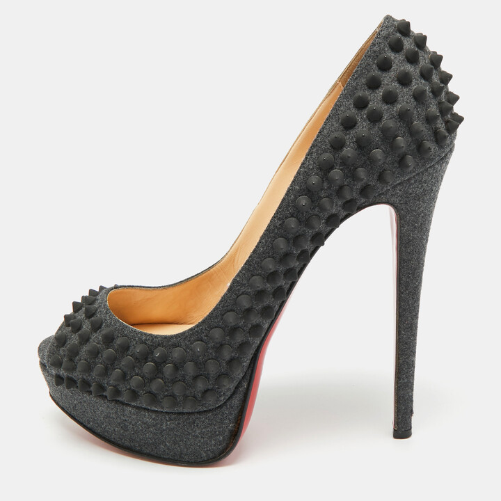 Christian Louboutin Lady Peep Spikes Size 39.5 Grey Wool Platform Pumps