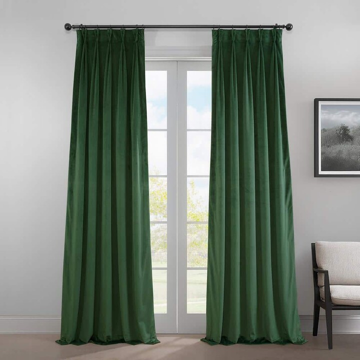Exclusive Fabrics & Furnishings Eden Green Pleated Curtains Heritage Plush Velvet 25 in. W x 108 in. L Velvet Room Darkening Curtain (Single Panel)
