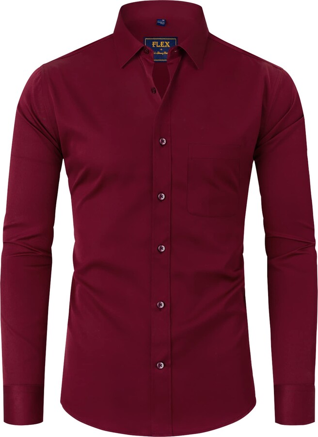 J.VER Men's Long Sleeve Red Dress Shirt Plain Stretch Non Iron Regular