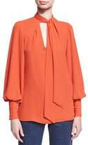 Thumbnail for your product : Josie Natori Long Bishop-Sleeve Tie-Neck Silky Blouse