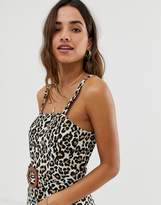 Thumbnail for your product : ASOS DESIGN square neck linen mini sundress with wooden buckle and contrast stitch in leopard print