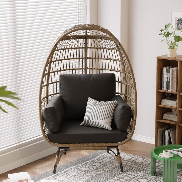 GustoWaveOversizedWickerEggChairwithCushionsRattanLoungeChairwithSteelFrameforPatioPorchorIndoorUseBlack