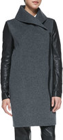 Thumbnail for your product : Vince Leather-Sleeve Shawl-Collar Coat, Heather Gray