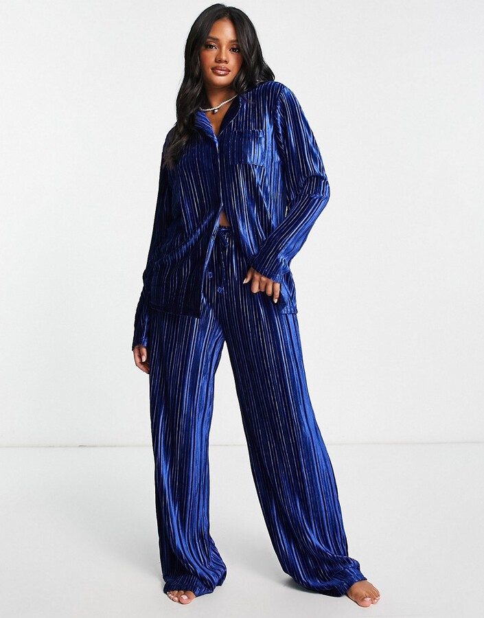 Loungeable crinkle velvet revere pyjama set in royal blue ShopStyle