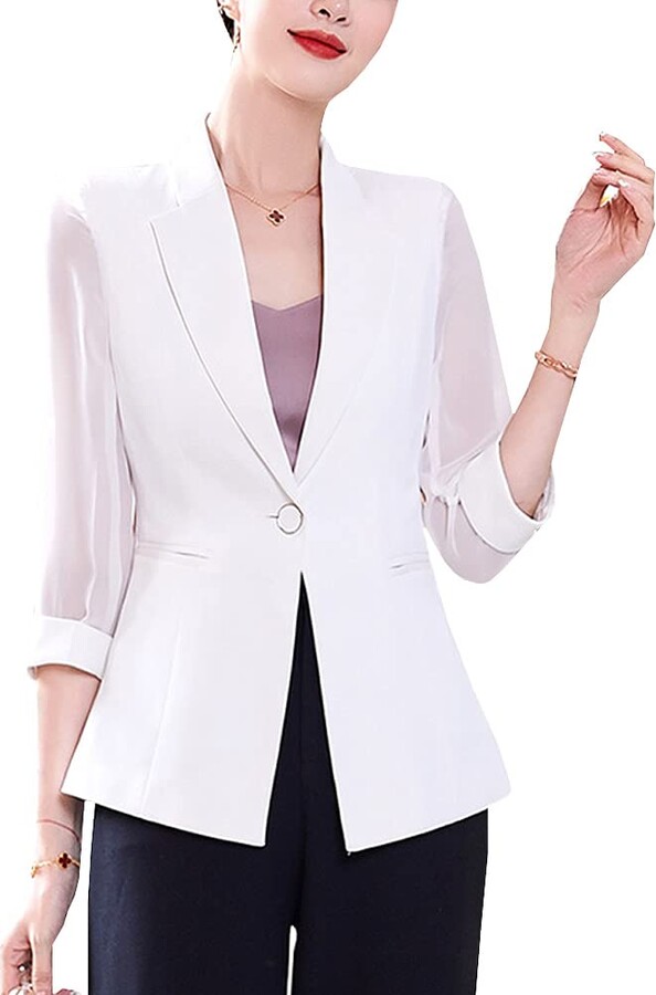 DISSA Women Casual Work Office Blazer White Solid Thin 3/4