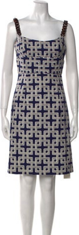 Milly A-Line Dress Blue Printed Chain-Link Accents Sleeveless with Square Neckline Concealed Zip Closure at Back Designer