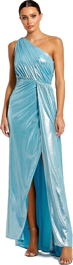 Mac Duggal Metallic Draped One Shoulder Grecian Dress