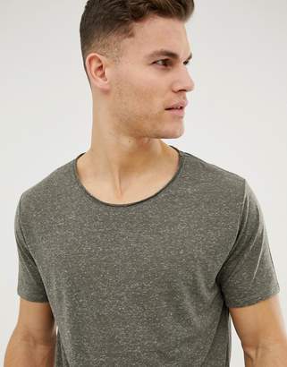 ASOS Design Relaxed Longline T-Shirt With Raw Scoop Neck And Curve Hem In Linen Mix In Khaki