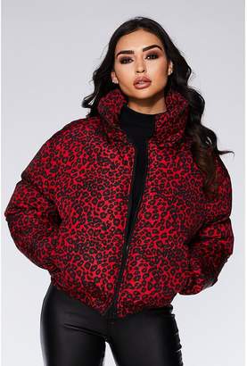 Quiz Red and Black Leopard Print Puffer Jacket