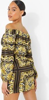 Thumbnail for your product : boohoo Scarf Print Bardot Volume Sleeve Mini Dress