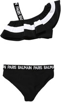 Thumbnail for your product : Balmain Striped Ruffle Lycra Bikini W/logo Bands