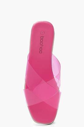 boohoo Neon Clear Cross Front Square Toe Sliders