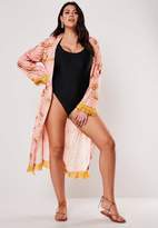 Thumbnail for your product : Missguided Plus Size Peach Palm Print Tassel Kimono