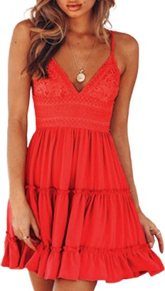 Britany Mini Dress - V Neck Tiered Strappy Tiered Fit and Flare Dress in  Red