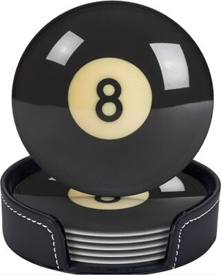 Hokku Designs Black 8 Billiard Coasters For Drinks With Holder Round Leather Coasters Set Of 6 Cups Mugs Mat Pad For Home Kitchen Bar