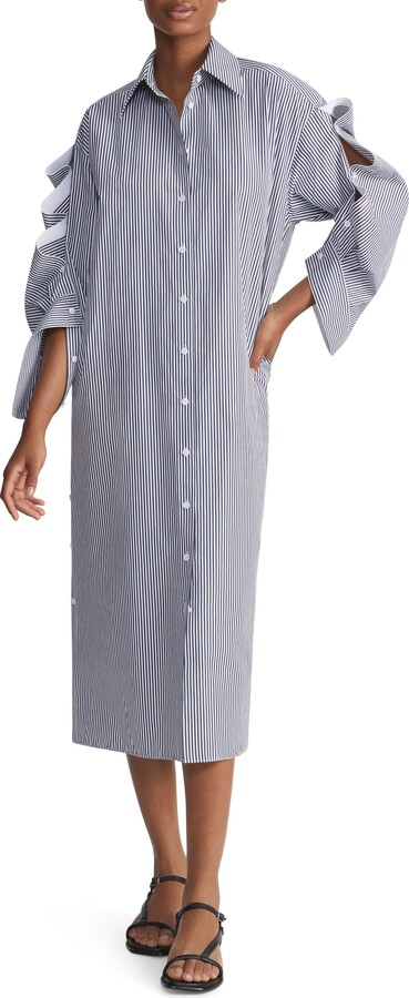 Lafayette 148 New York Stripe Long Sleeve Oversize Cotton Poplin Midi Shirtdress
