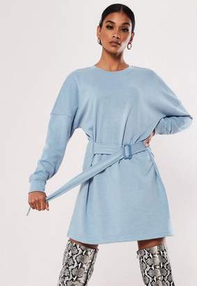 Missguided Blue Ruched Belted Sweater Dress